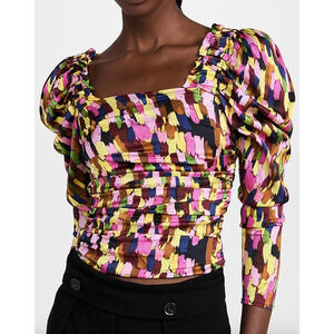 Brogger Loretta Top Stretch Satin Ruched Puff Sleeve Abstract Paint